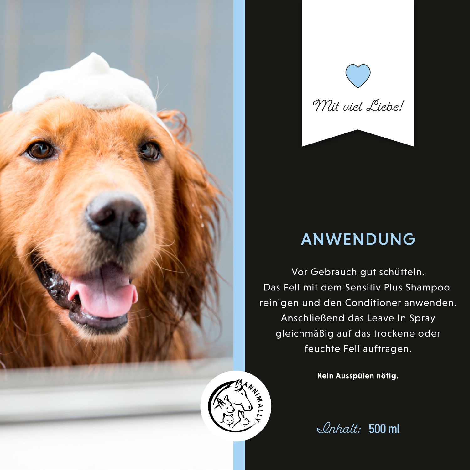 Hund mit Schaum auf dem Kopf. Text: Anwendung. Logo. Text über Anwendung des Leave In Sprays. 500 ml.