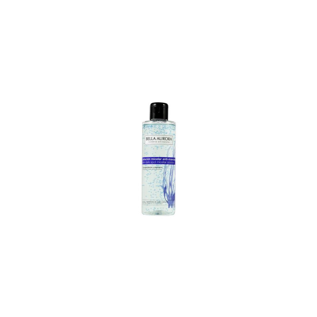 Transparente Flasche mit schwarzem Deckel. Etikett mit Produktnamen und blauen Motiven. Text: Anti-Flecken-Mizellen-Lösung.