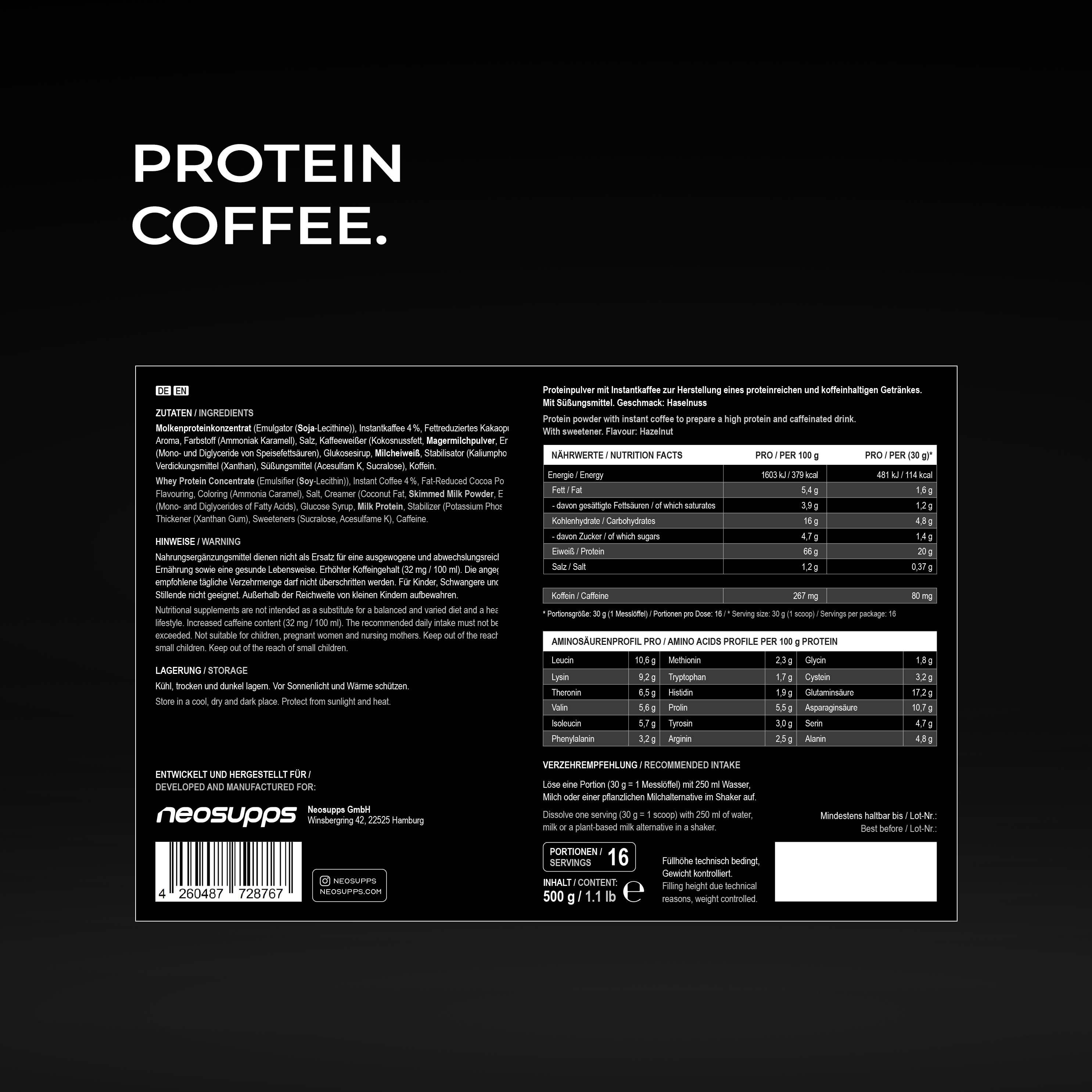 Neosupps Protein Coffee Hazelnut Machiatto, 500g, Protein Pulver mit Kaffee