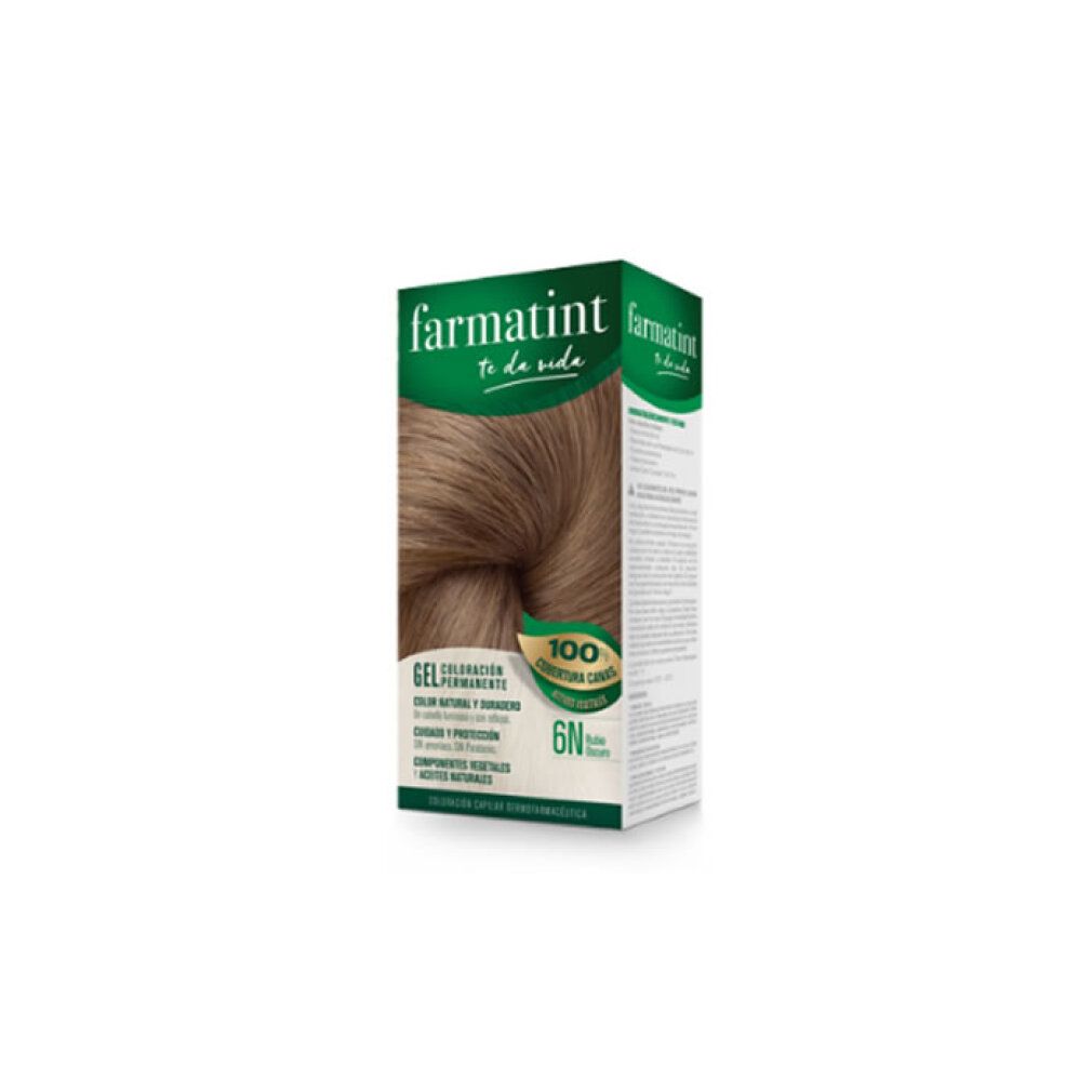 Farmatint Haarfarben-Set in Hellbraun (6N). Enthält Kartonverpackung mit Farbinformationen und einem Haarsträhnenmuster.