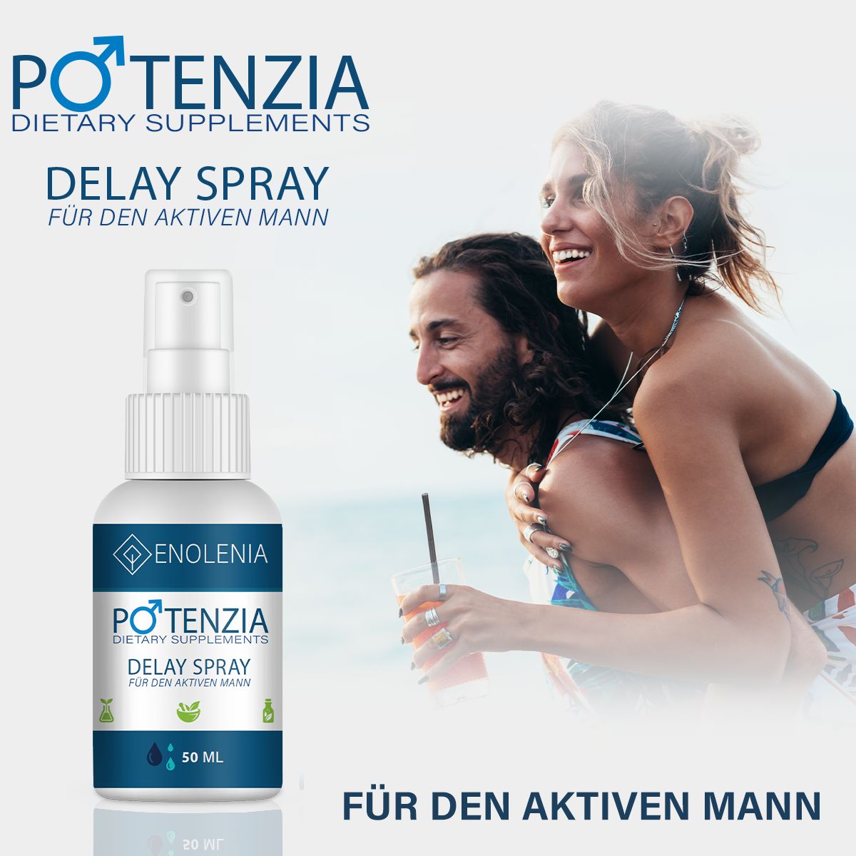 Paar am Strand. Flasche mit Sprühkopf, Aufschrift: Enolenia, Potenzia Delay Spray.