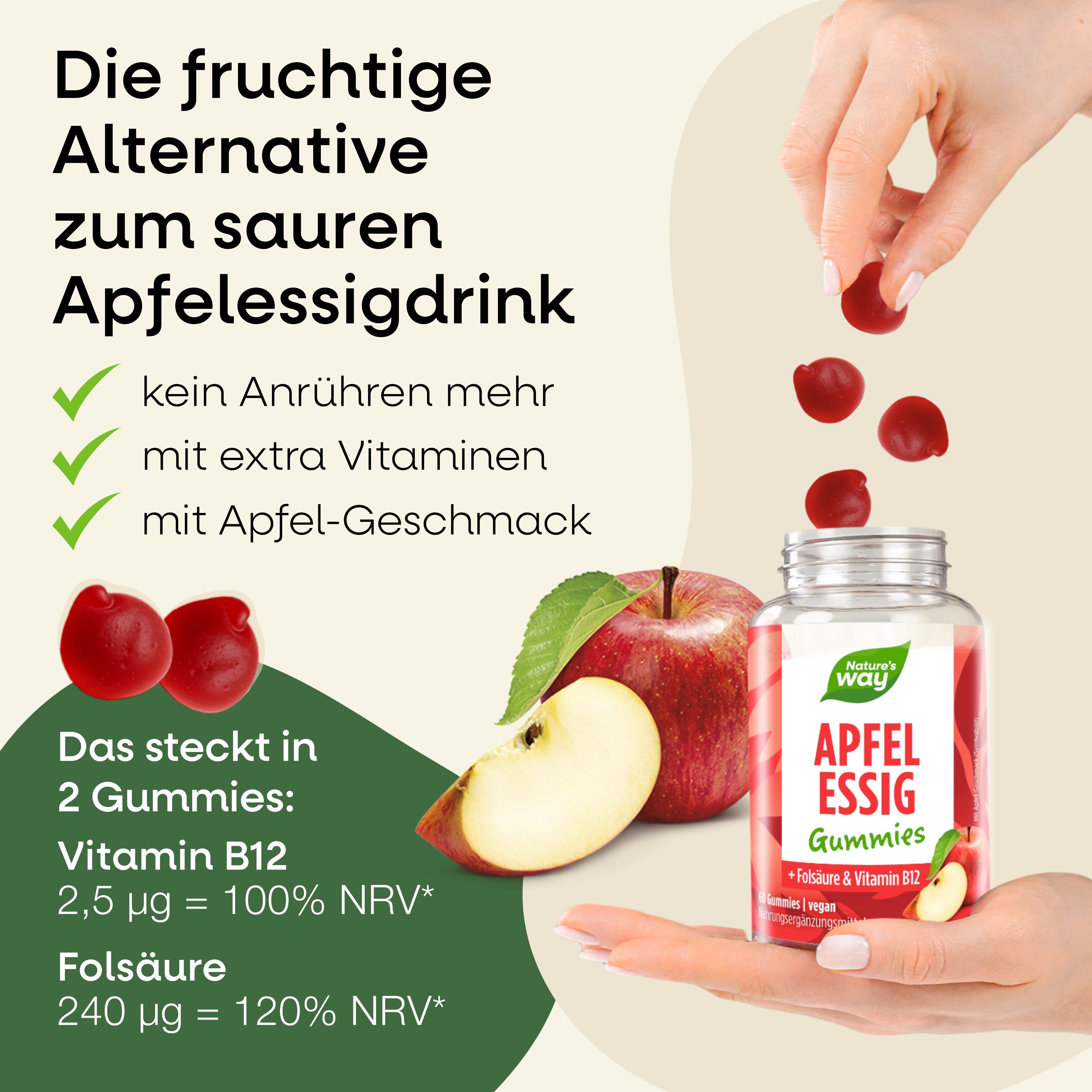 Apfelessig Gummies I 1000 mg Apfelessigpulver, Folsäure, Vitamin B12