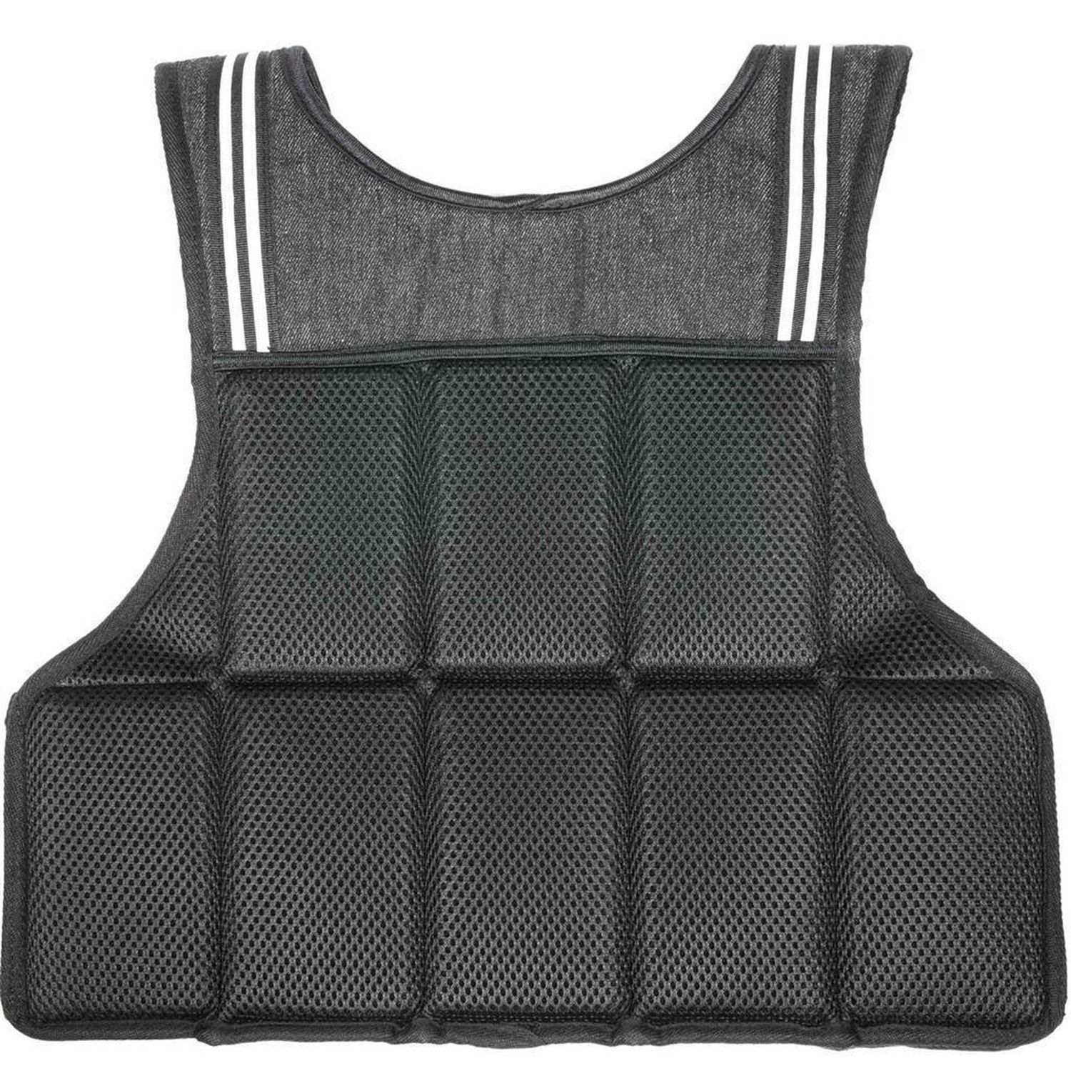 Schwarze Gewichtsweste mit Mesh-Einsätzen. Grauer Schulterbereich mit weißen Streifen.