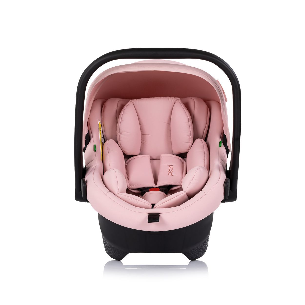 Rosa Babysitz mit schwarzer Basis und verstellbarem Griff. Enthält eine Kapuze und Sitzpolsterung.