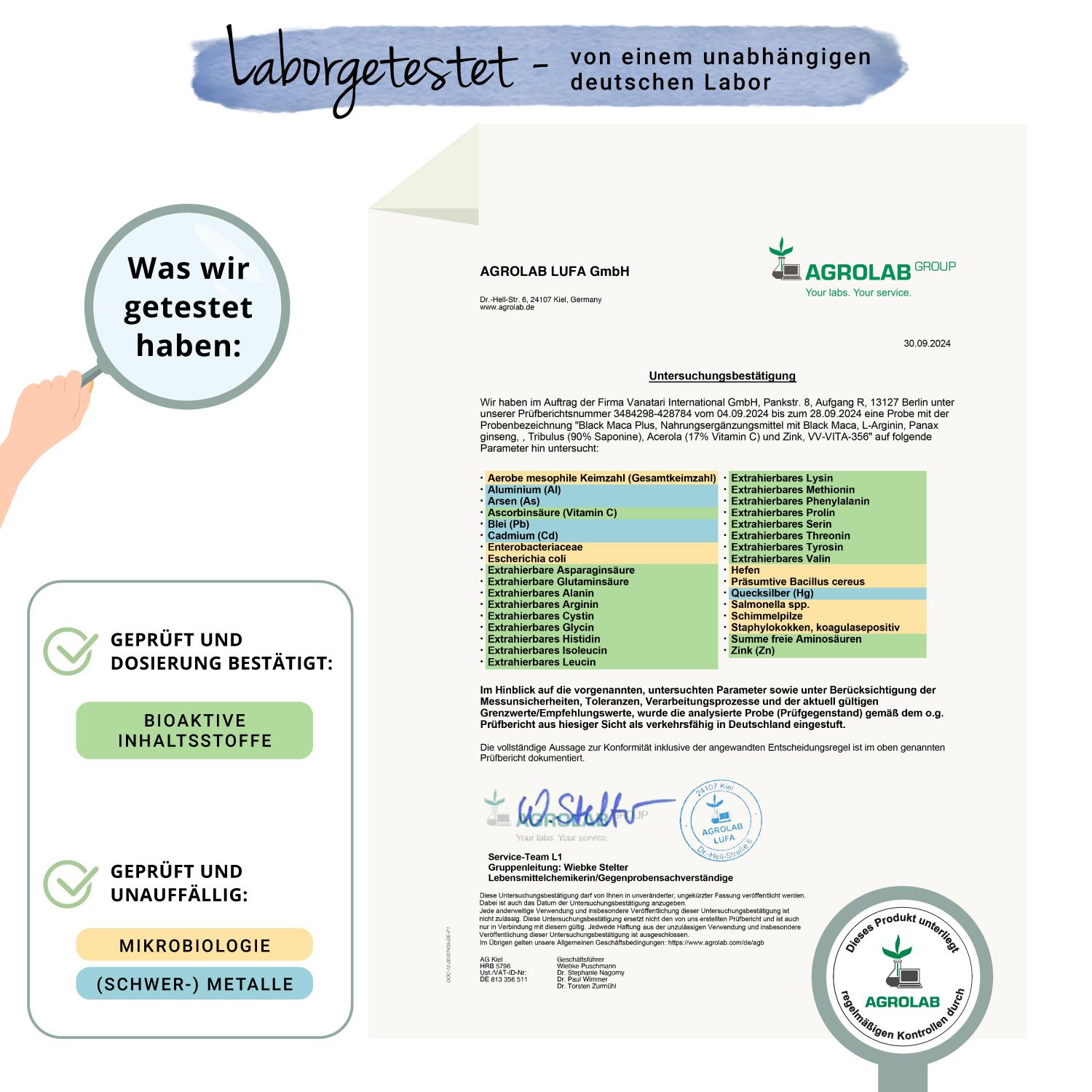 Laborbericht. Geprüft und bestätigt: Bioaktive Inhaltsstoffe. Geprüft und unauffällig: Mikrobiologie (Schwermetalle). Agrolab-Logo.