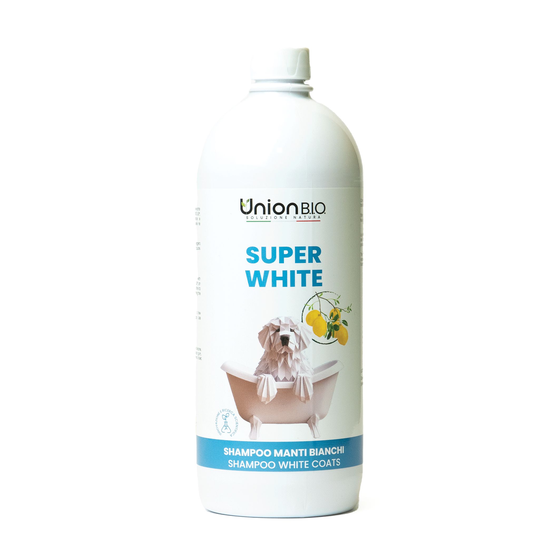 Weiße Flasche mit Produktetikett. Aufschrift: Union B.I.O. Super White. Abbildung eines Hundes in Badewanne.