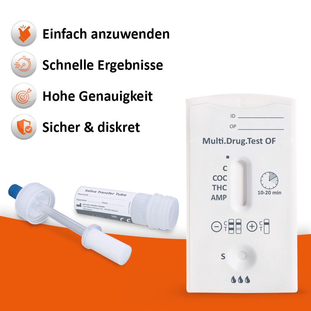 Drogentest mit Testkassette, Probenröhrchen. Aufdruck: Multi.Drug.Test OF. Ergebnisse in 10-20 Minuten.