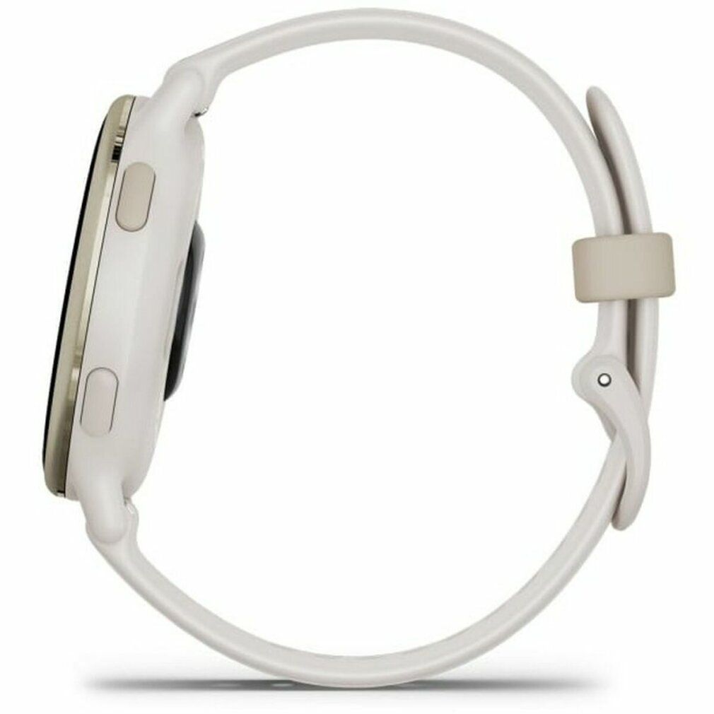 Garmin v?voactive 5 Creme Gold. Seitenansicht der Smartwatch. Weißes Armband, goldenes Gehäuse. Zwei Knöpfe.