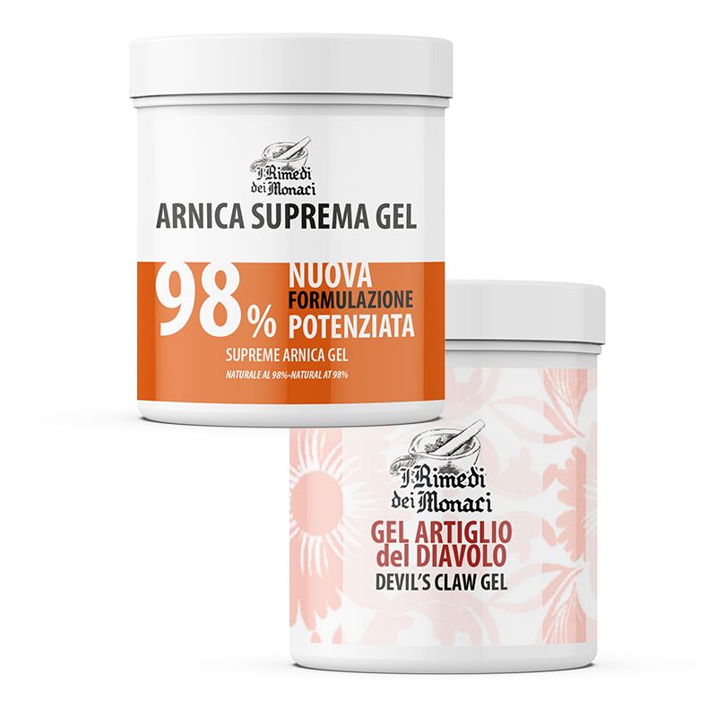 Zwei weiße Tiegel. Einer mit orangefarbenem Streifen und Text: Arnica Suprema Gel, 98%. Der andere mit floralem Muster und Text: Gel Artiglio del Diavolo.