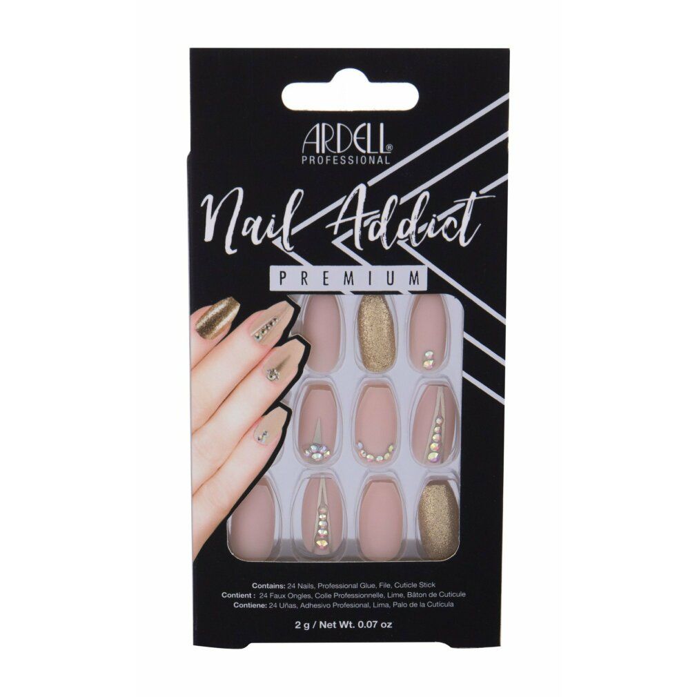 Ardell Nail Addict Premium Kunstnägel. Rosa und goldfarbene Nägel mit Schmucksteinen. Schwarze Verpackung mit Produktnamen.