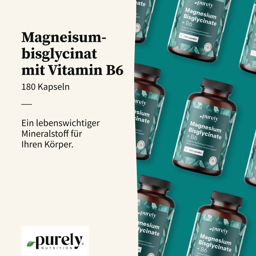 Mehrere Flaschen Magnesiumbisglycinat mit Vitamin B6. Text: Magnesiumbisglycinat mit Vitamin B6, 180 Kapseln.