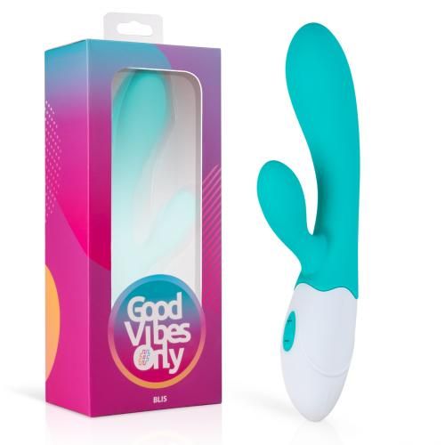 Vibrateur turquoise et blanc à côté d'un emballage. Emballage avec l'inscription "Good Vibes Only" et le nom du produit "Blis".