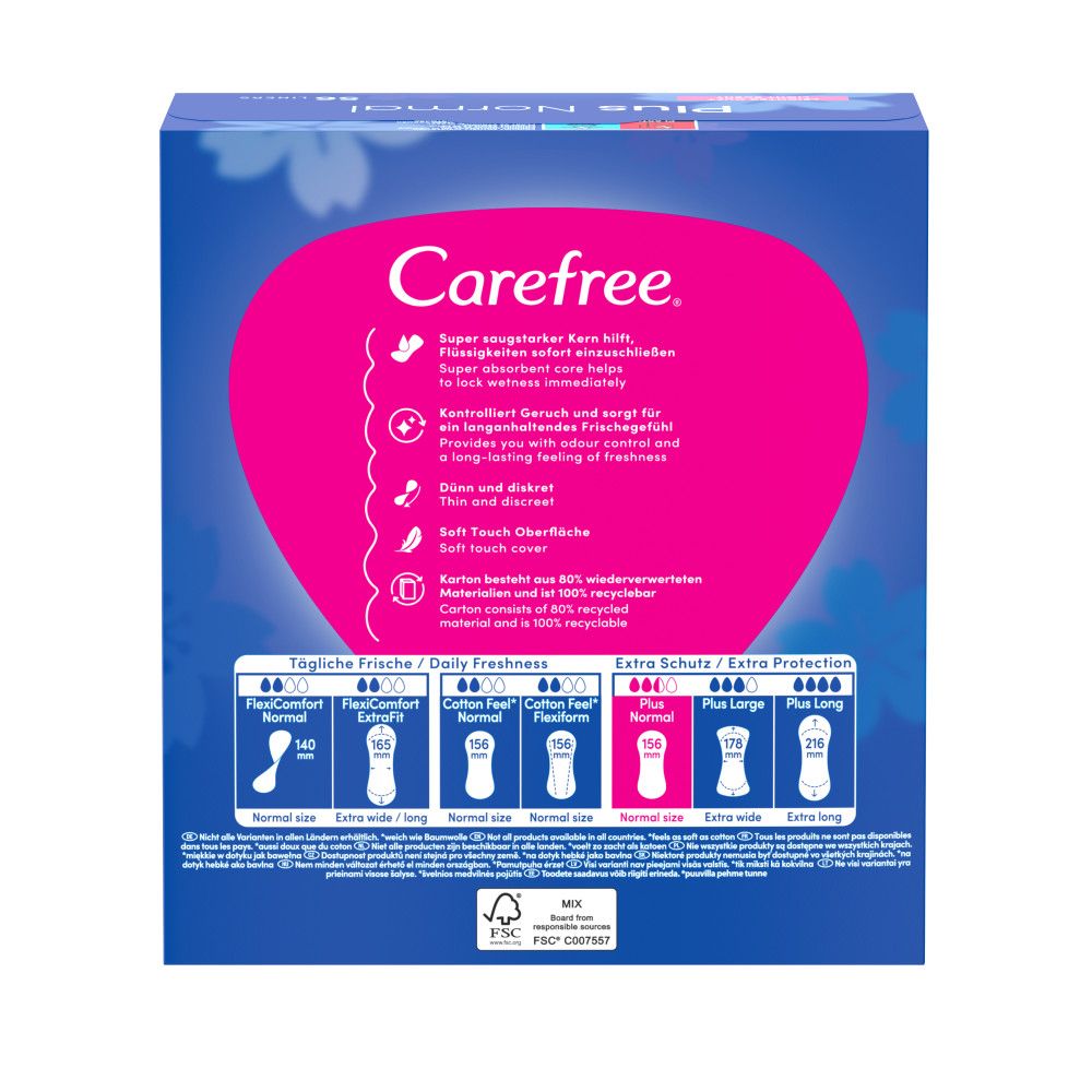 Rückseite der Carefree Plus Normal Packung. Produktinformationen, Größenübersicht. FSC-Zertifizierung. 100% recycelbar.