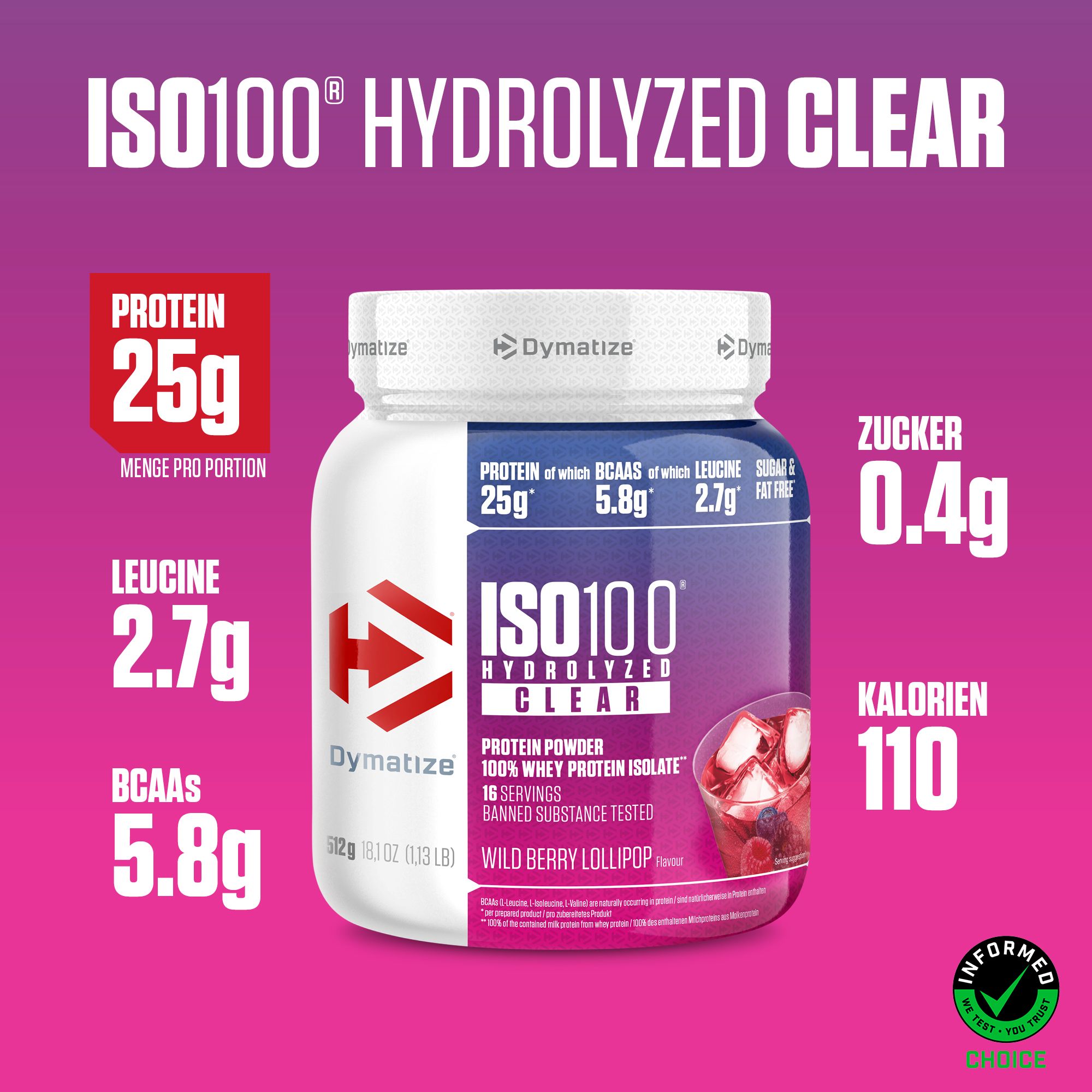 Dymatize ISO 100 Hydrolized Clear Wild Berry Lollipop Whey Protein Pulver