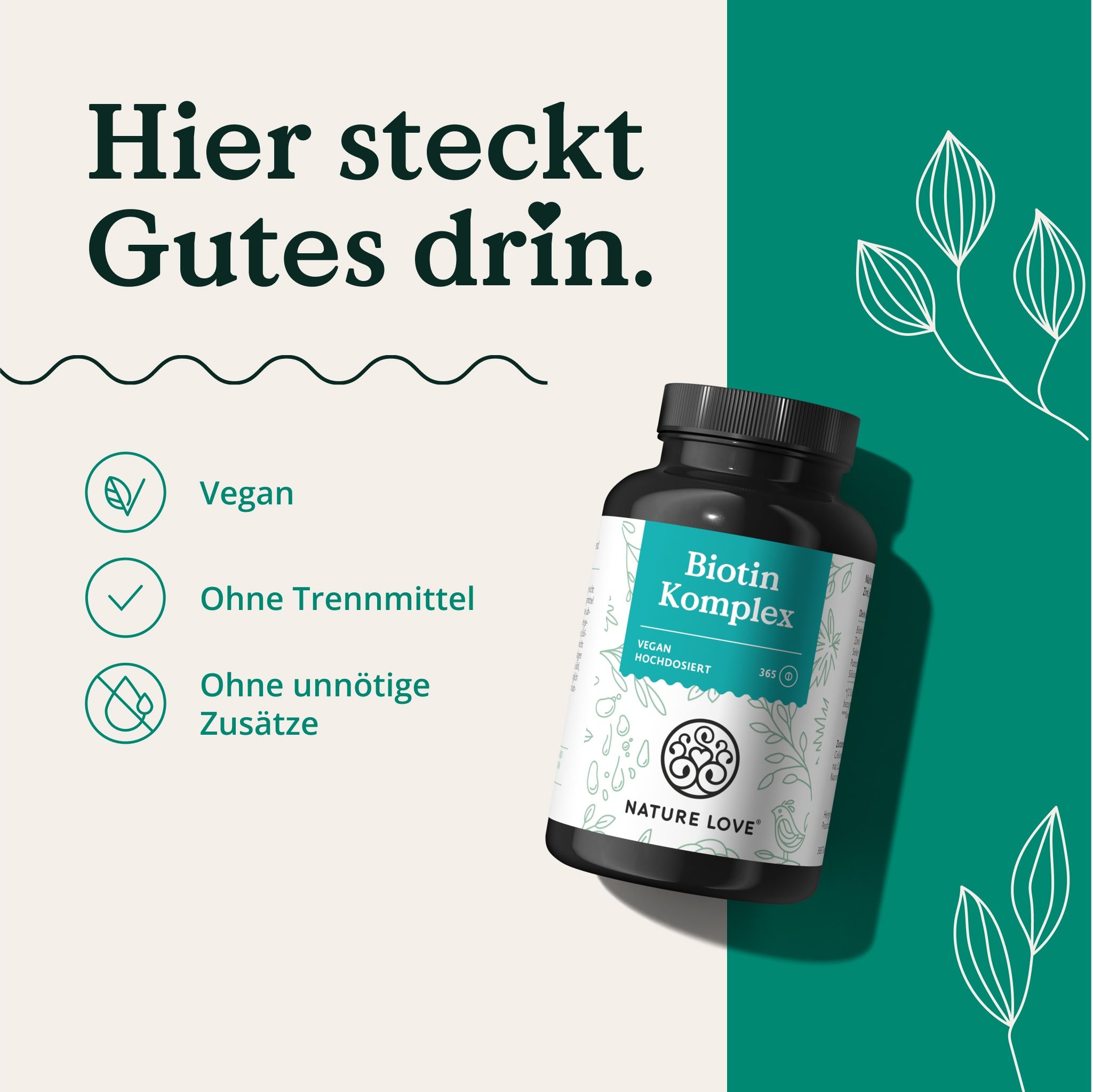 Schwarze Flasche mit weißem Etikett. Aufschrift: Biotin Komplex, Vegan, ohne unnötige Zusätze. Marke: NATURE LOVE®.