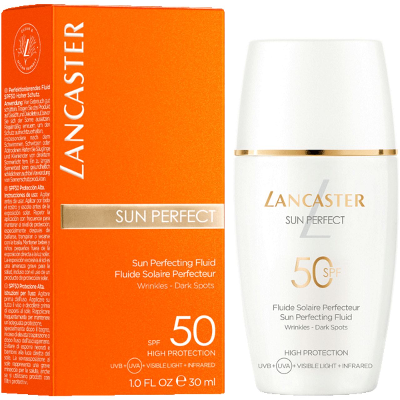 Orangefarbene Schachtel und weiße Flasche. Auf der Schachtel steht "LANCASTER SUN PERFECT". Die Flasche hat die Aufschrift "50 SPF".