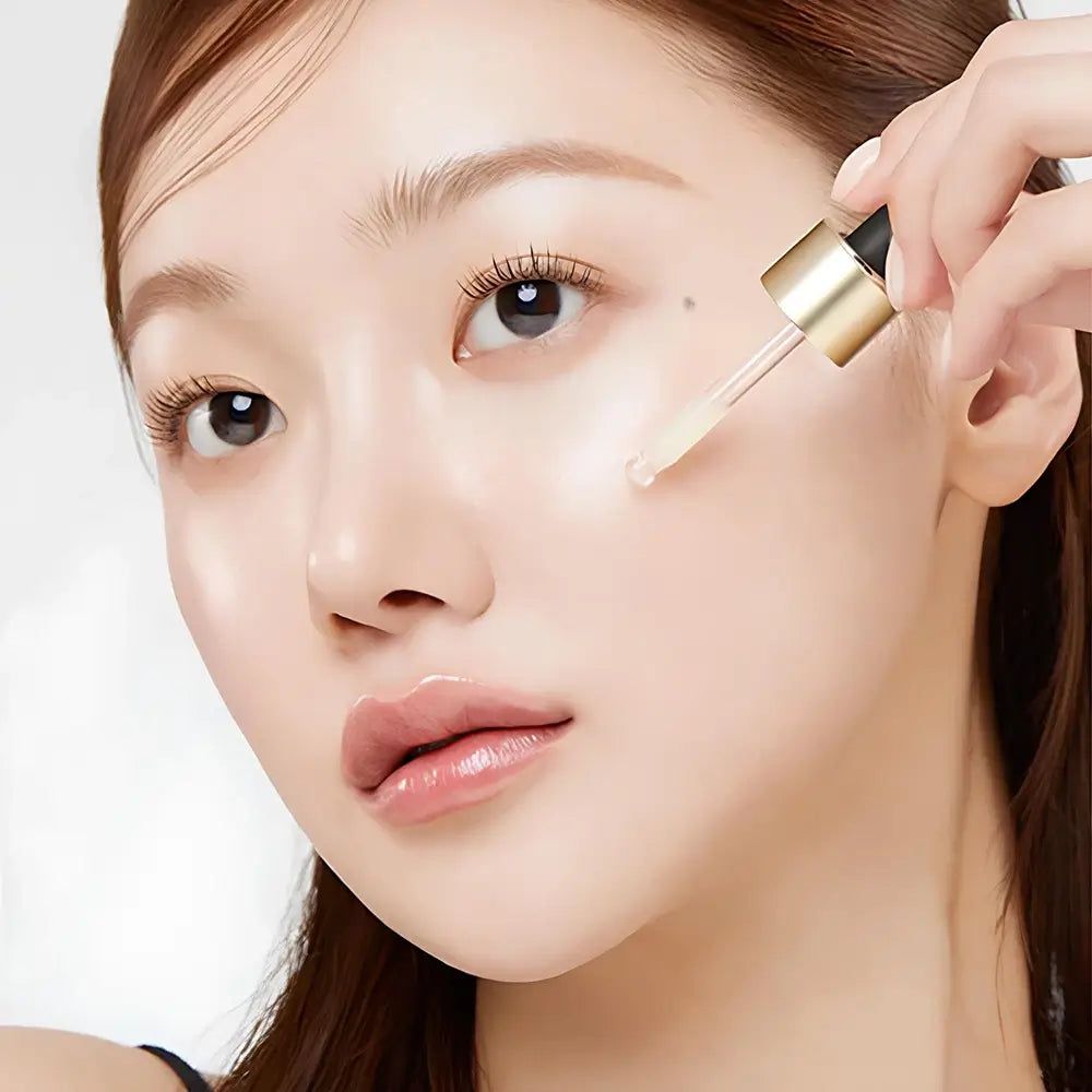 Eine Frau trägt Age-R Vita C Pro Ampulle auf. Gesicht und Hand sichtbar. Goldener Applikator.