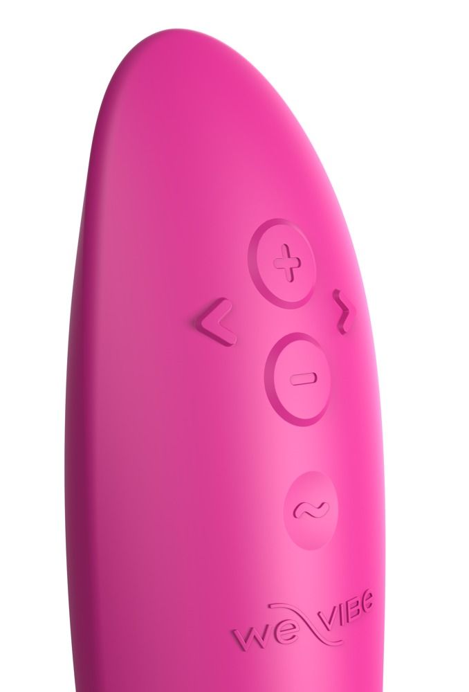 Nahaufnahme des Vibratorkopfes. Tasten mit Plus, Minus und Wellensymbolen. We-Vibe-Logo.