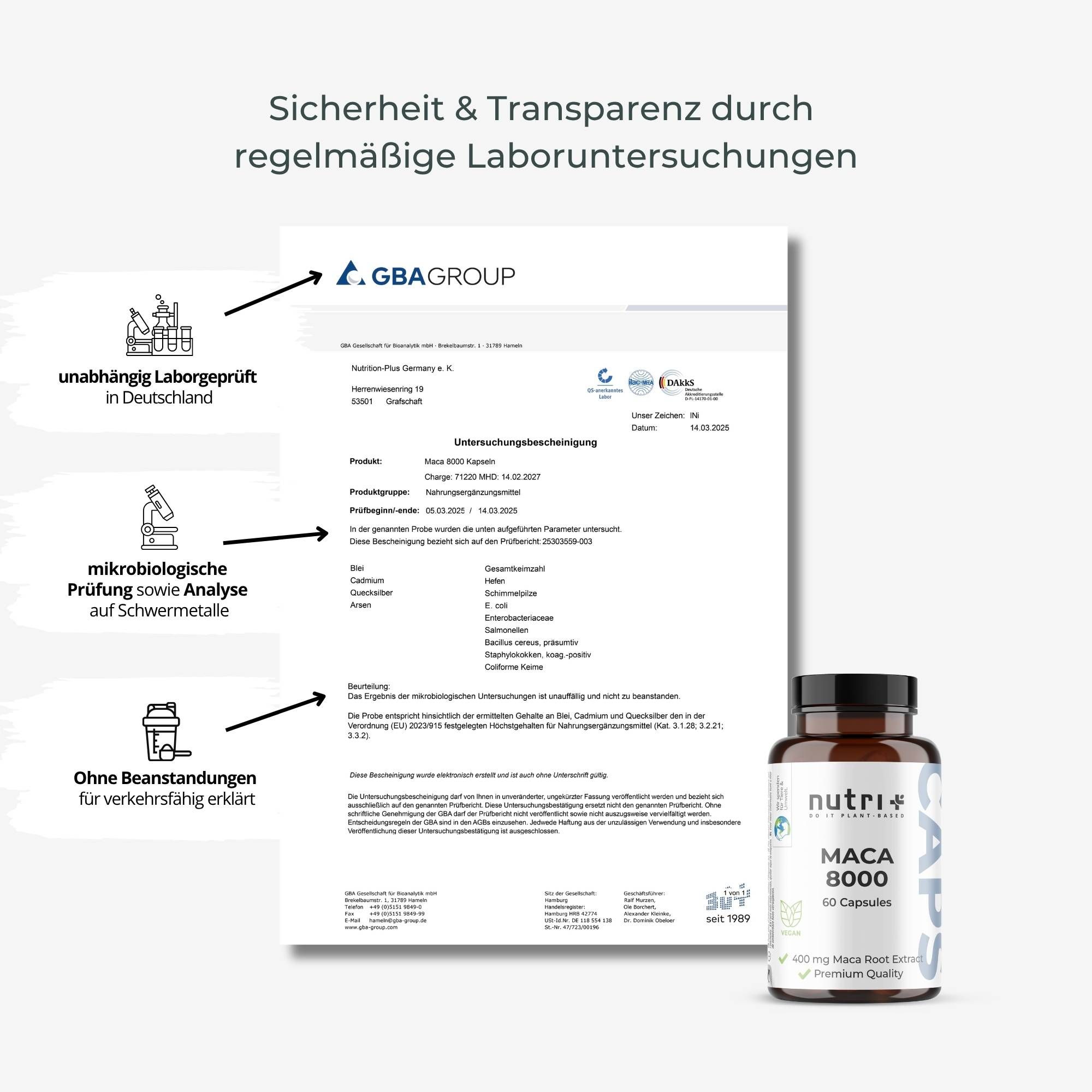 Zertifikat mit Text. Flasche mit Kapseln. Text: nutri+, MACA 8000, 60 Kapseln. Unabhängig laborgeprüft in Deutschland.
