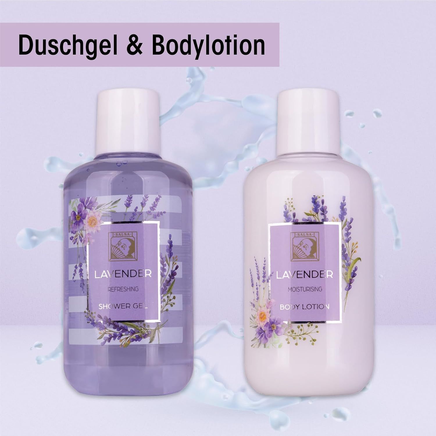 Duschgel und Bodylotion mit Lavendel-Motiv. Weiße Deckel, transparente und weiße Flaschen.