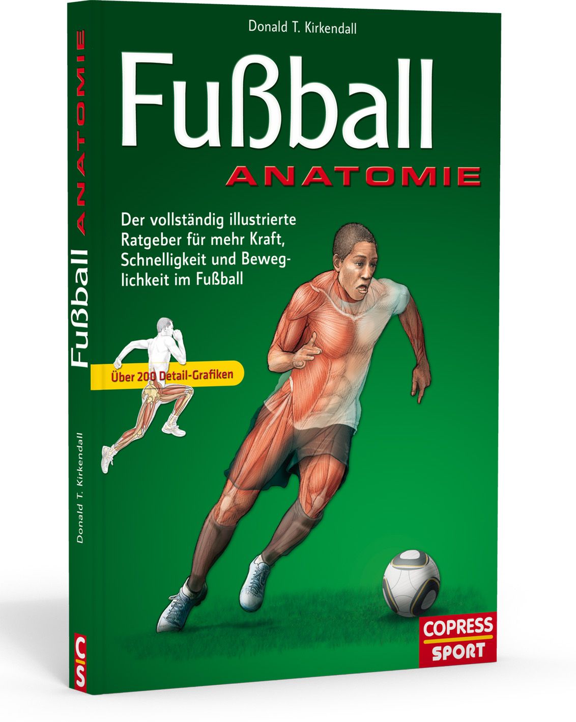 Buch "Fußball Anatomie" mit Cover. Titel und Autor sichtbar. Illustration eines Fußballspielers. Grüner Hintergrund.