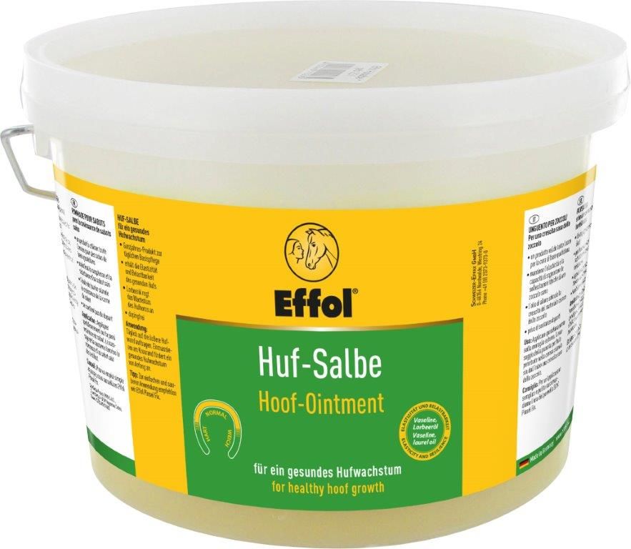 Eimer mit gelbem Etikett. Aufschrift: Effol Huf-Salbe, Hoof-Ointment. Grünes Feld mit Hufsymbol. Text: für ein gesundes Hufwachstum.