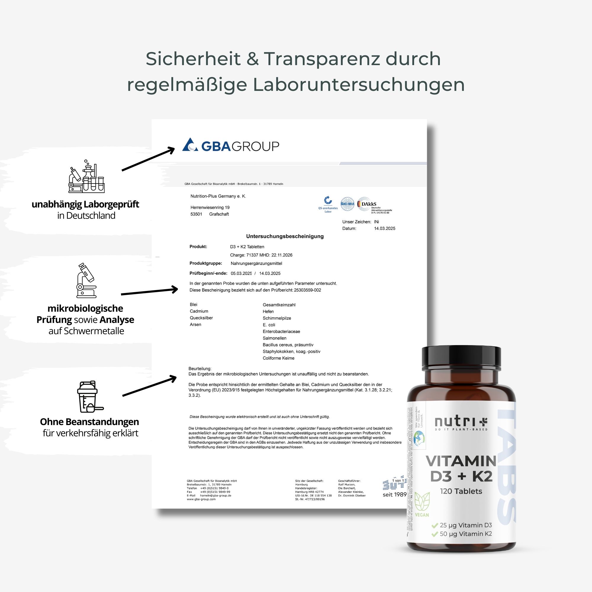 Sicherheits- und Transparenz-Informationen. Unabhängige Laborprüfung, mikrobiologische Prüfung, ohne Beanstandungen. Flasche Vitamin D3 + K2.