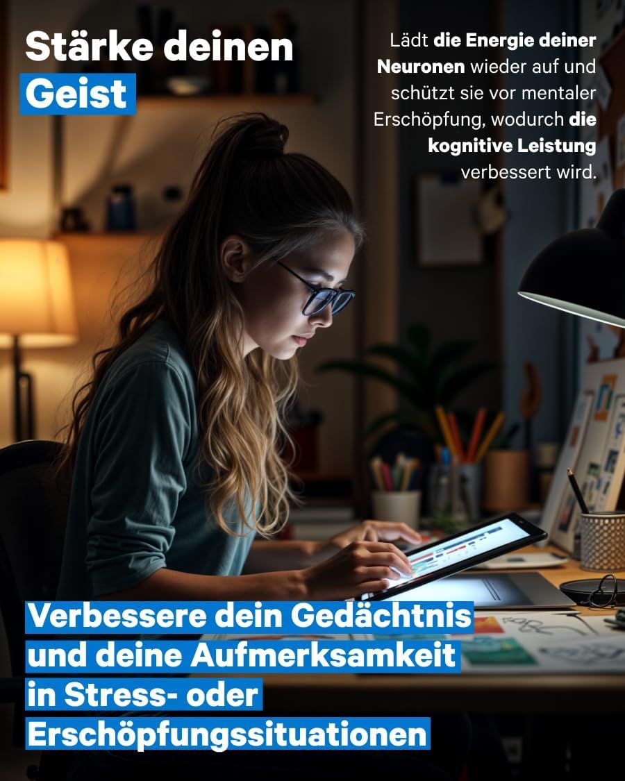 Junge Frau am Schreibtisch mit Tablet, verbessert Gedächtnis und Aufmerksamkeit in Stresssituationen.