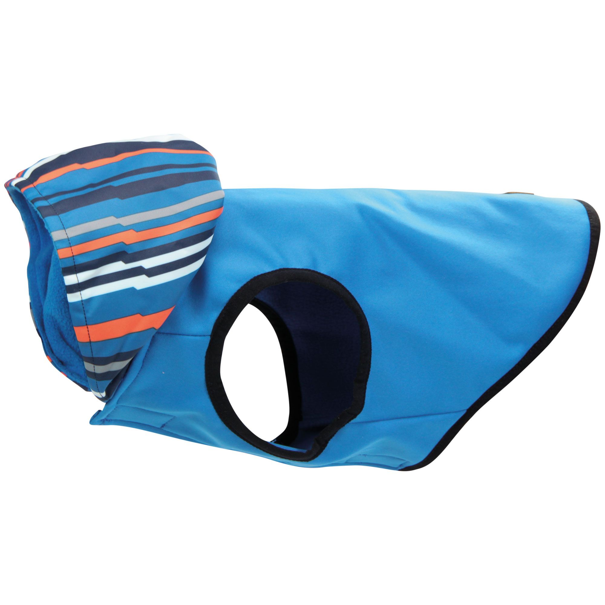 Blaue Hundejacke mit Kapuze. Kapuze mit Streifenmuster. Schwarze Öffnung für den Hals. Aus recyceltem PET-Plastik.