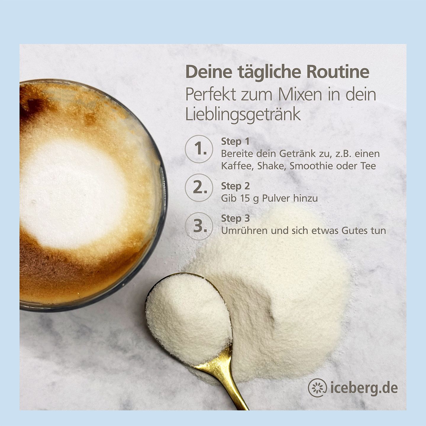 Zubereitung von Collastan® Sport. Löffel mit Pulver neben Tasse Kaffee. Text: Deine tägliche Routine. Perfekt zum Mixen in dein Lieblingsgetränk.