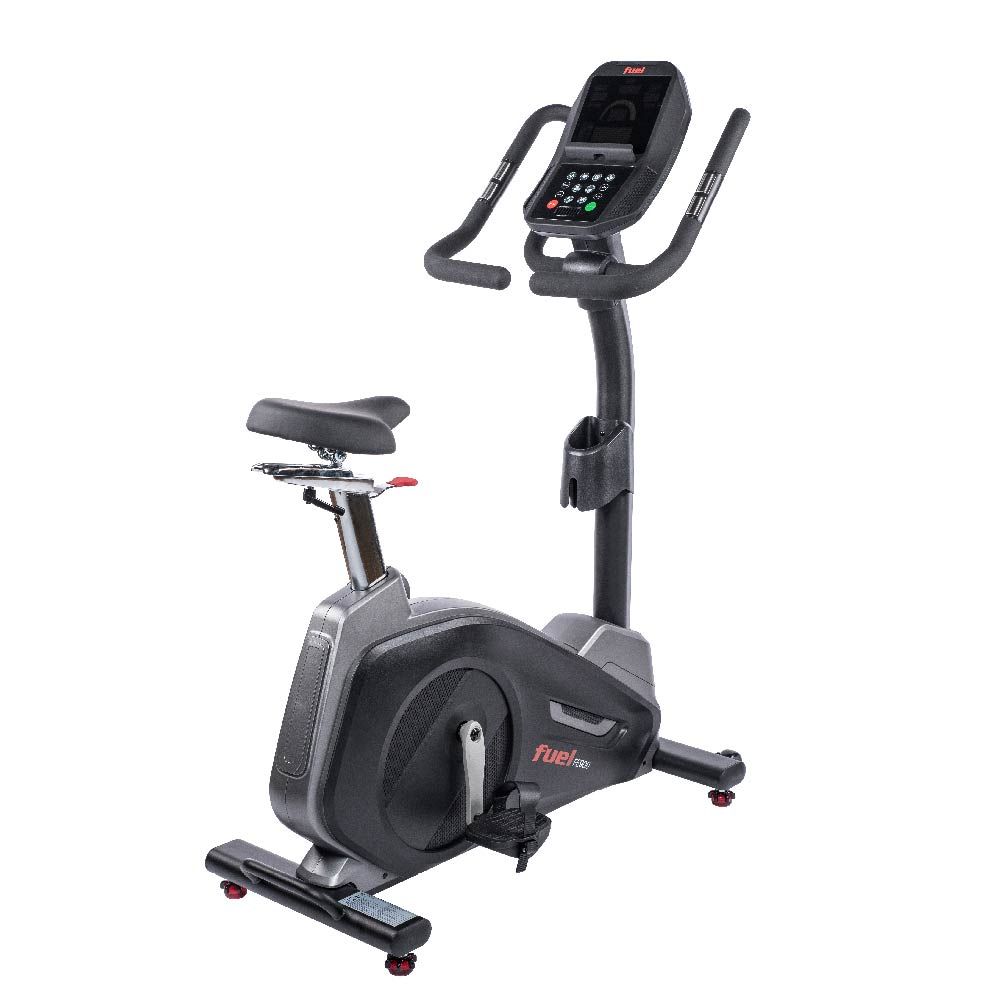 Ergometer mit Display, Griffen und Sattel. Schwarze und graue Elemente. "FUEL fitness" Schriftzug.