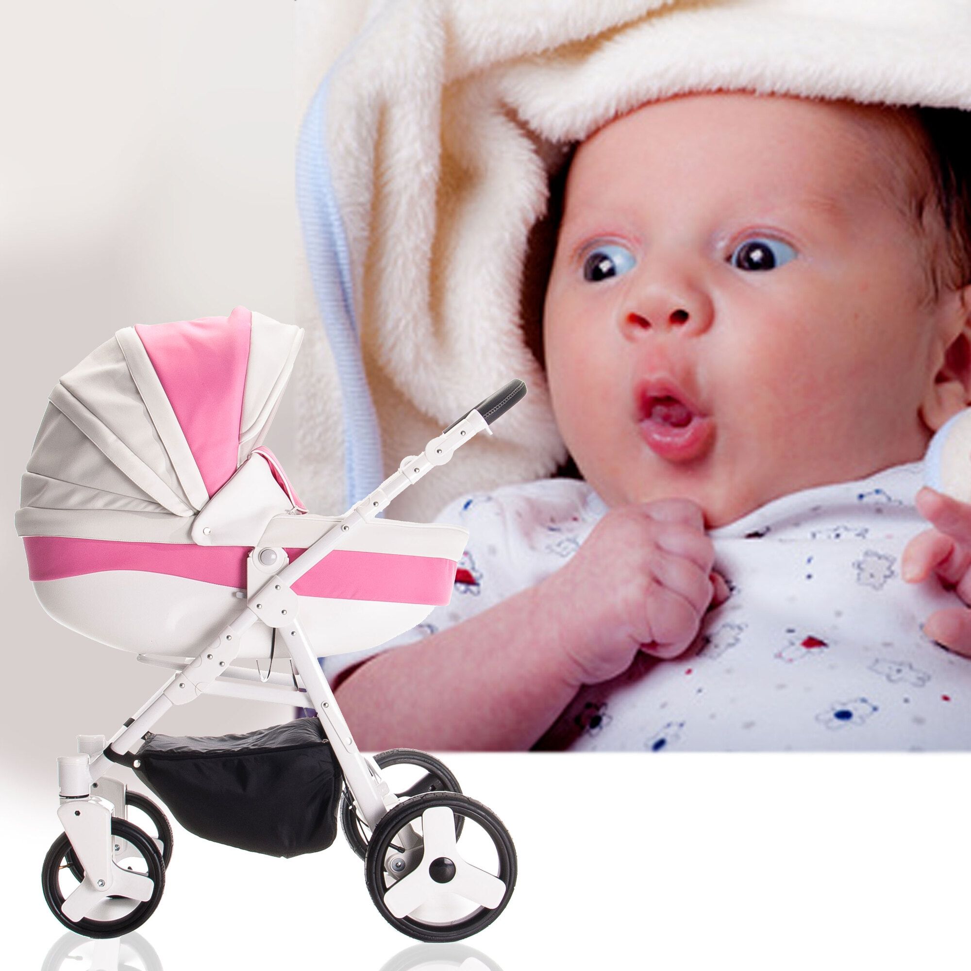Friedrich Hugo Easy Comfort 2 in 1 Kinderwagen, White Pink & Leatherette
