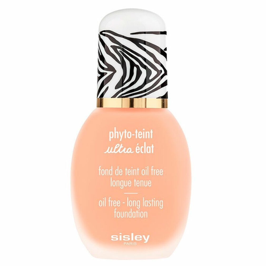 Sisley Phyto-Teint Ultra Eclat Foundation. Flasche mit Zebra-Muster-Deckel. Text: oil free - long lasting foundation.