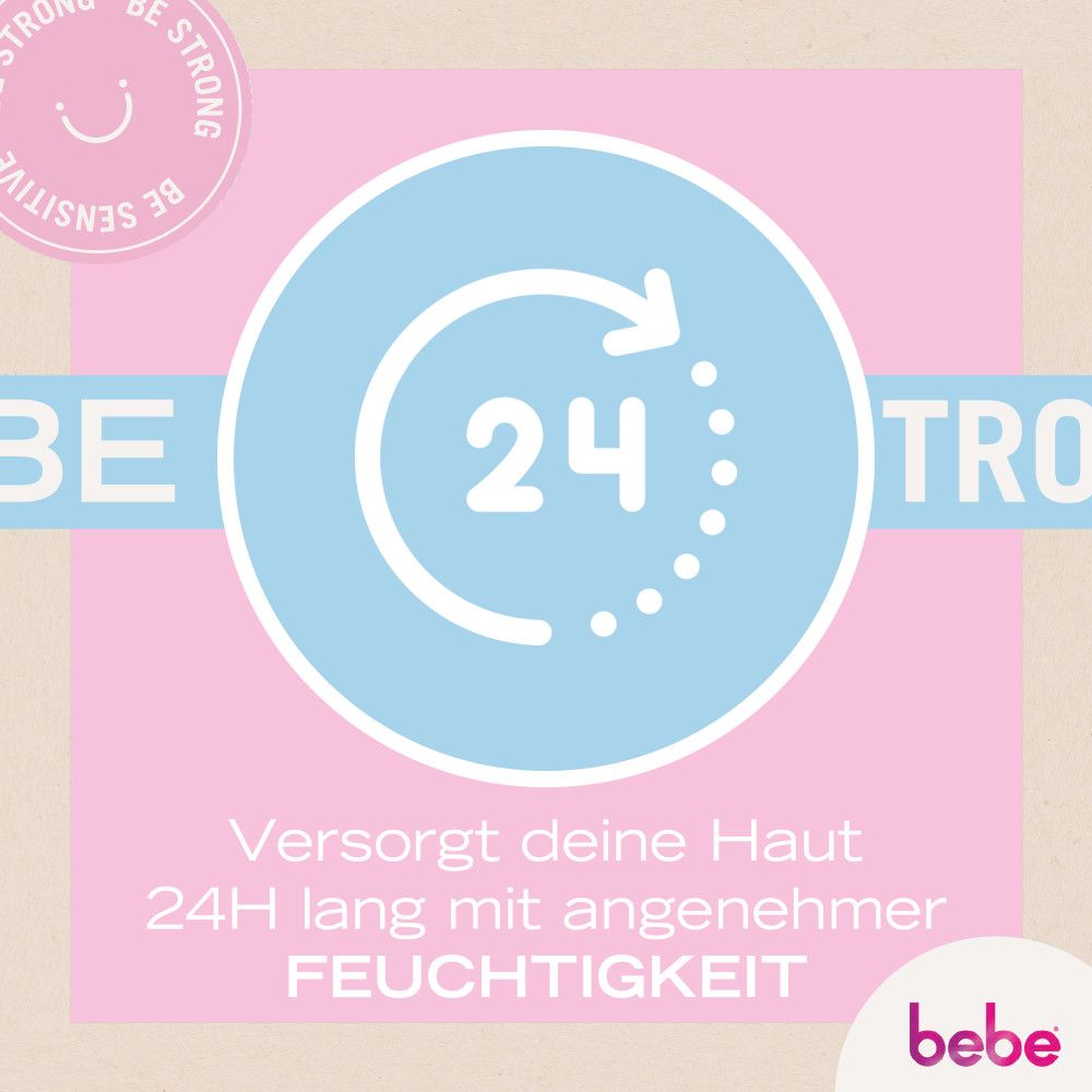 Blaues Icon mit weißer 24 und Pfeil. Text: Versorgt deine Haut 24H lang mit Feuchtigkeit. Marke: bebe.