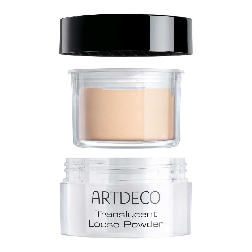 Artdeco Translucent Loose Powder, auseinandergenommen. Behälter, Deckel und Inhalt sind getrennt dargestellt. Produktname sichtbar.