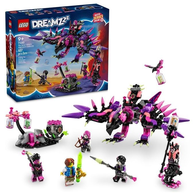 Set LEGO Dreamzzz intitolato "Le creature da incubo della Mai-Strega". Il set contiene 457 pezzi e mostra una creatura viola e nera con spine, diverse minifigure e accessori. È visibile anche la confezione.
