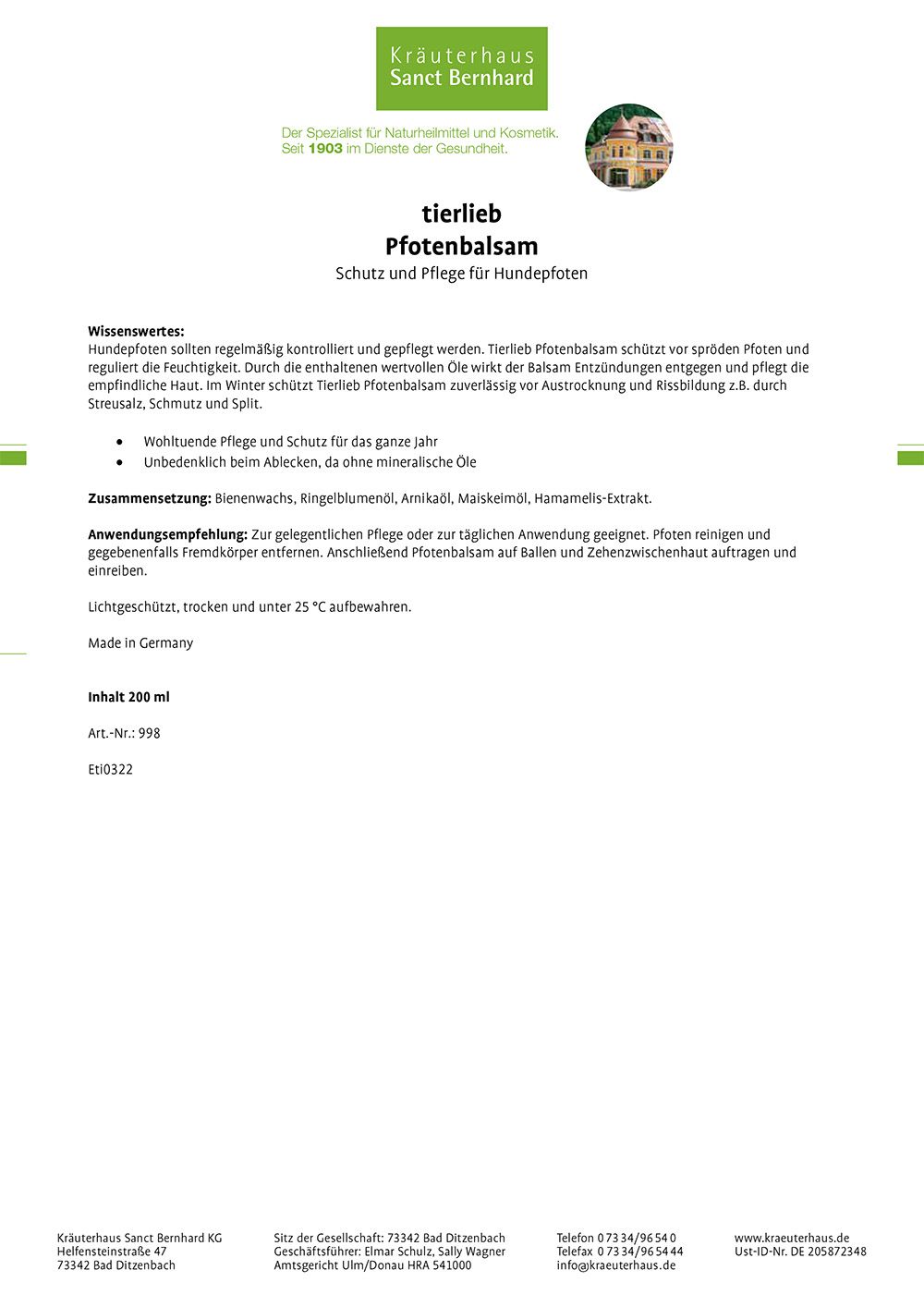 Sanct Bernhard tierlieb Pfotenbalsam