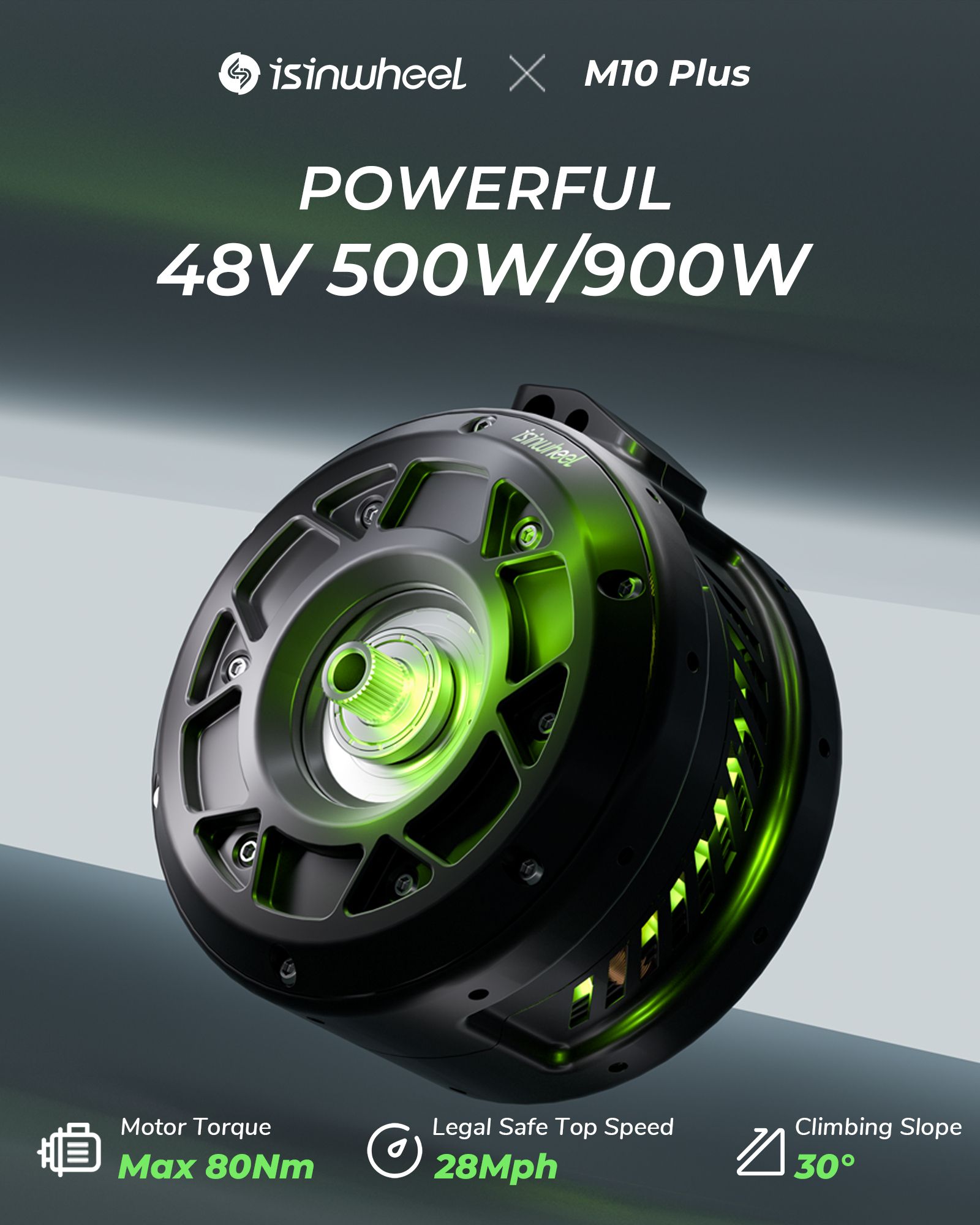 Nahaufnahme des Elektromotors. Schwarzes Gehäuse mit grünen Akzenten. Text: 'POWERFUL 48V 500W/900W'.