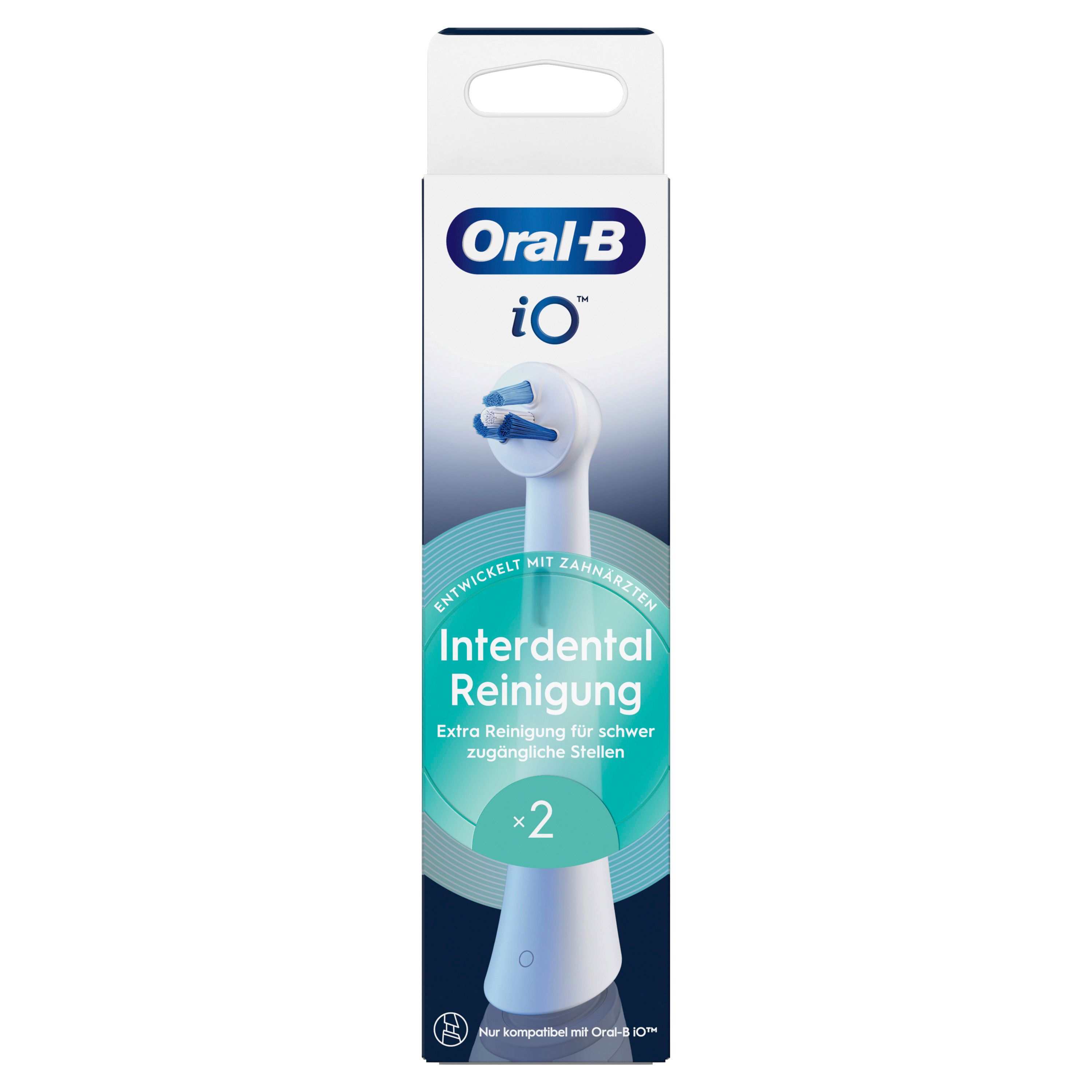 Oral-B iO Interdental Reinigung Aufsteckbürsten. Zwei Bürstenköpfe und Verpackung. Blaue Borsten, weißer Schaft. 2 Stück.