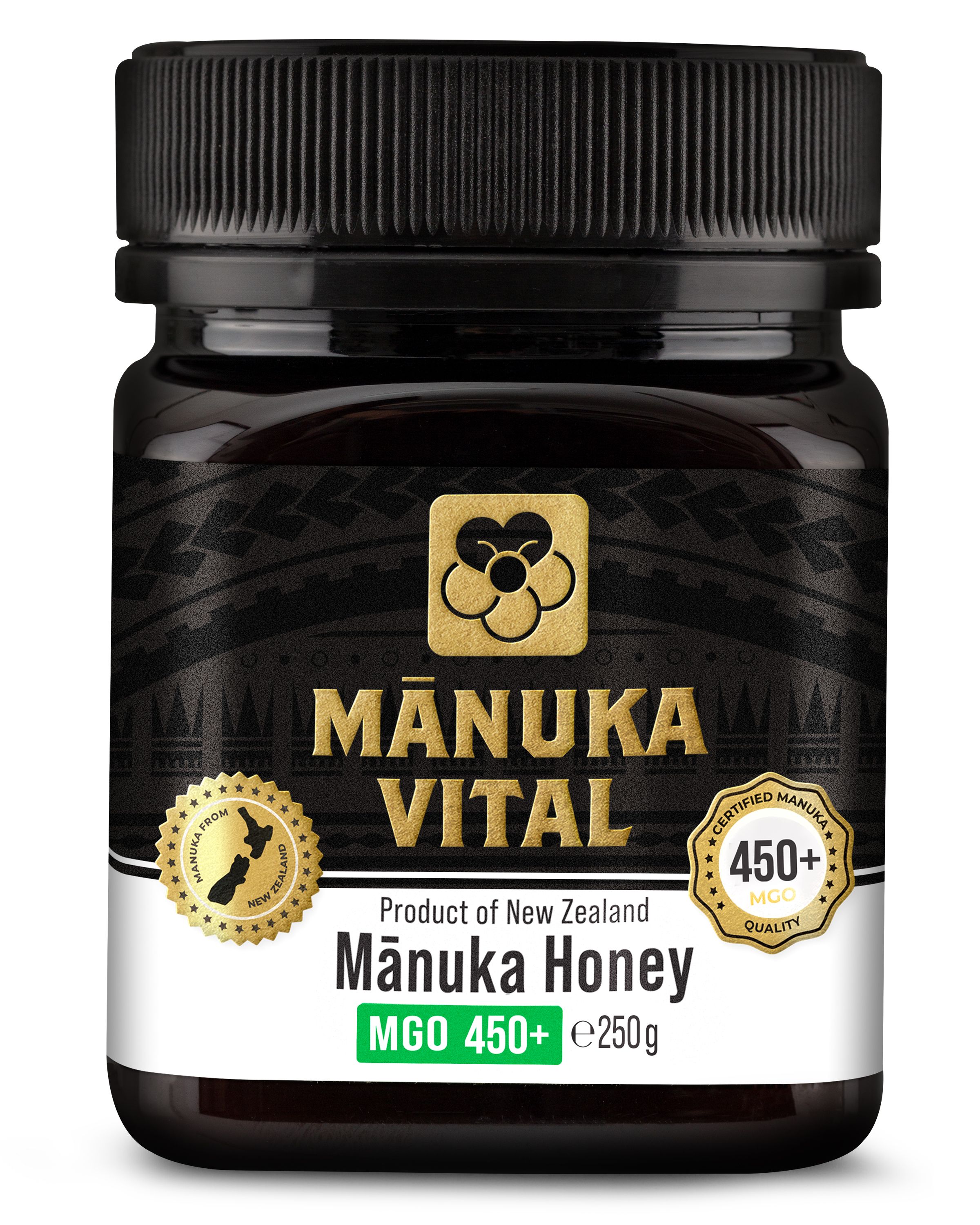 Glas mit Manuka Honig. Aufschrift: Manuka Vital, MGO 450+, Produkt aus Neuseeland, Mānuka Honig, e250g.