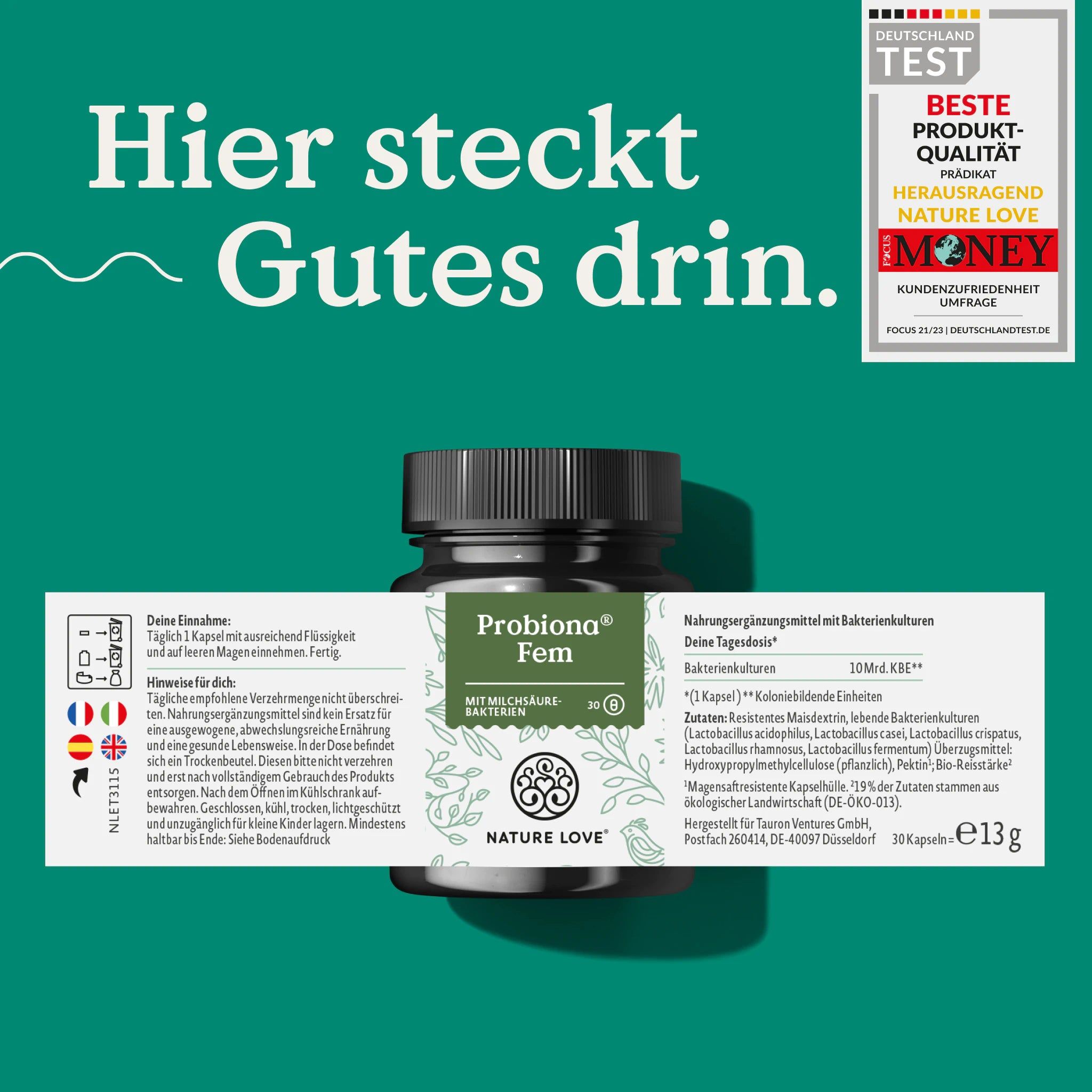 NATURE LOVE® Probiona Fem Dose mit Etikett. Text: "Hier steckt Gutes drin." Auszeichnung "Beste Produktqualität".