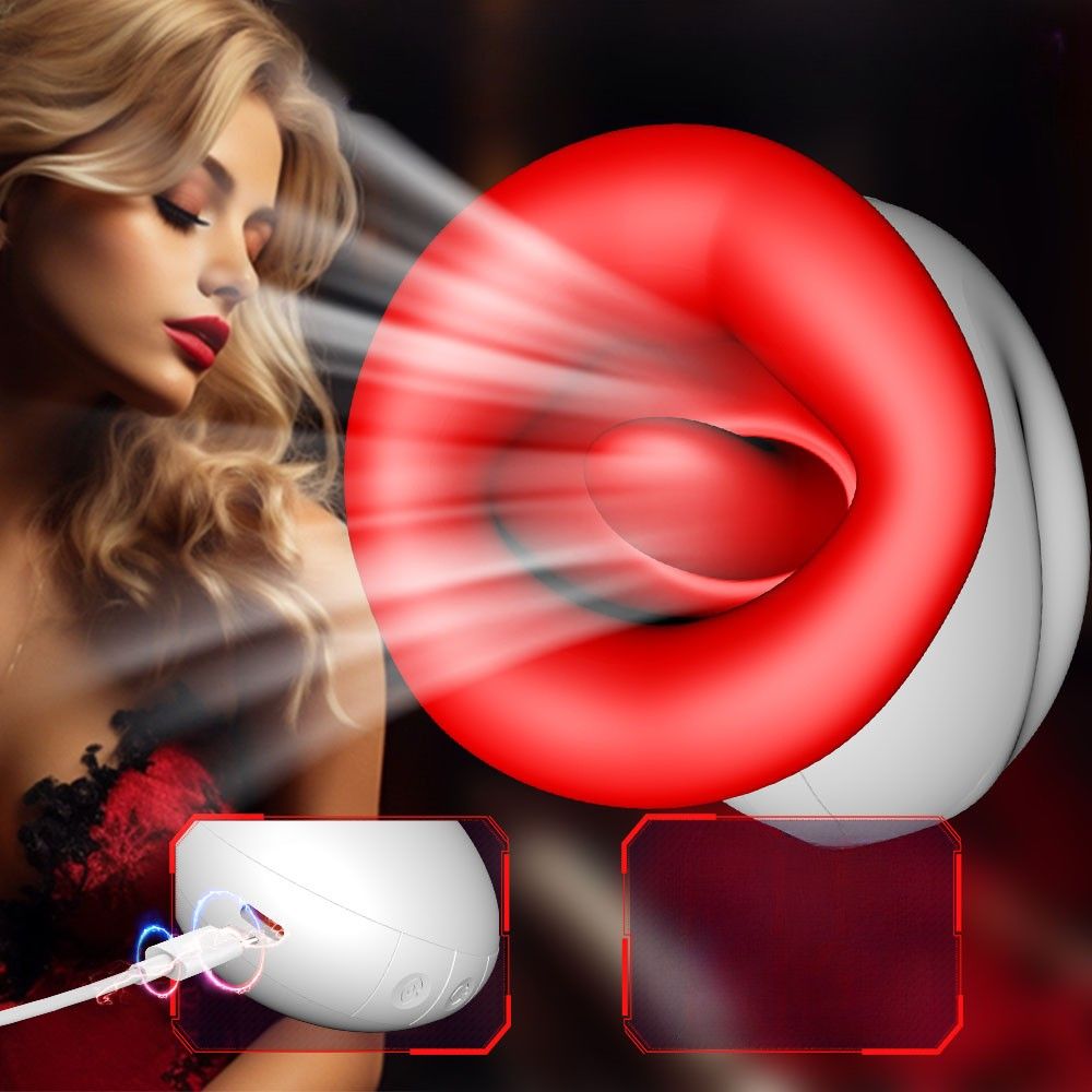 Weißes, ovales Gerät mit roter, ringförmiger Öffnung. Frau im Hintergrund. Ladekabel sichtbar.