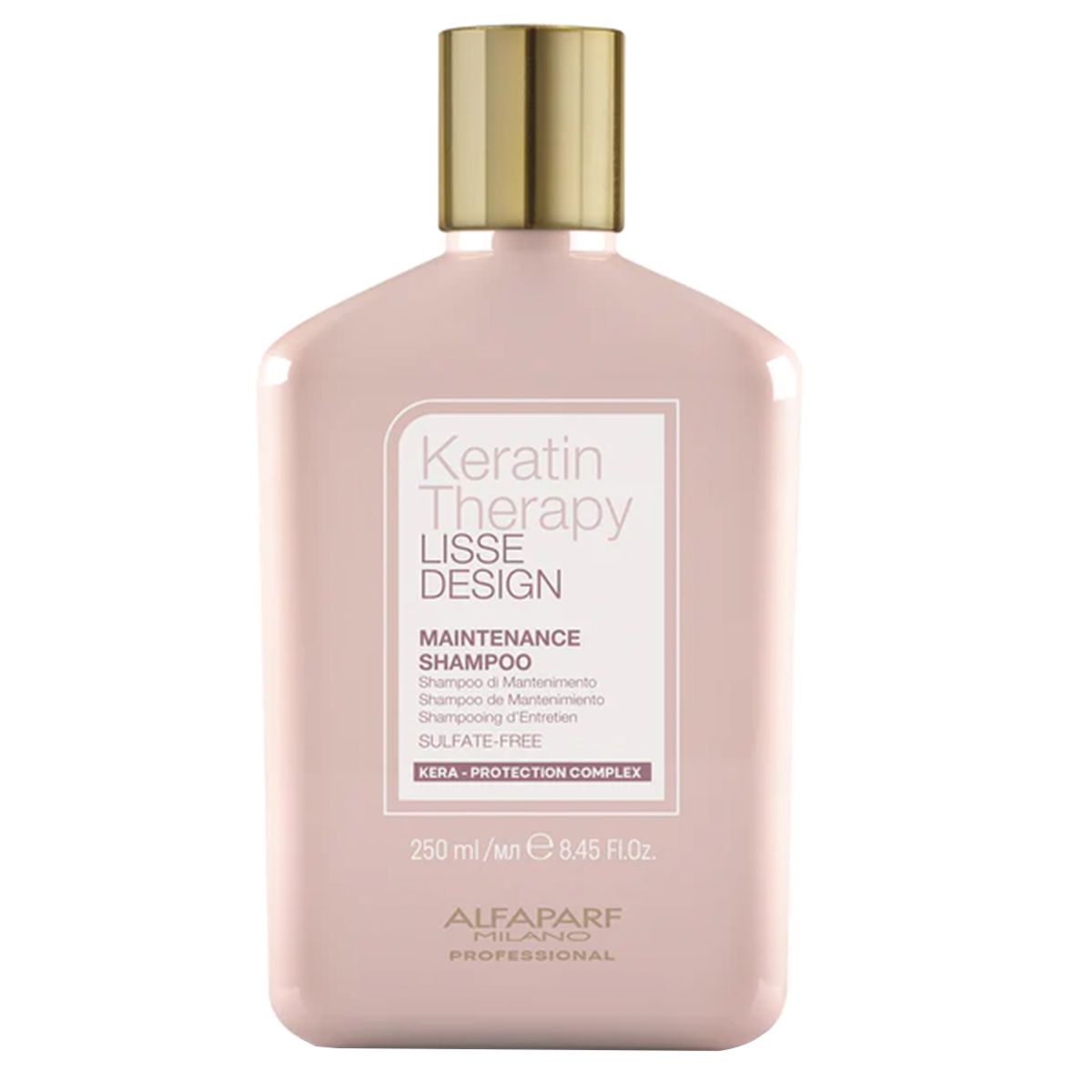 Alfaparf Lisse Design Keratin Therapy Shampoo, 250 ml. Rosa Flasche mit goldenem Verschluss.