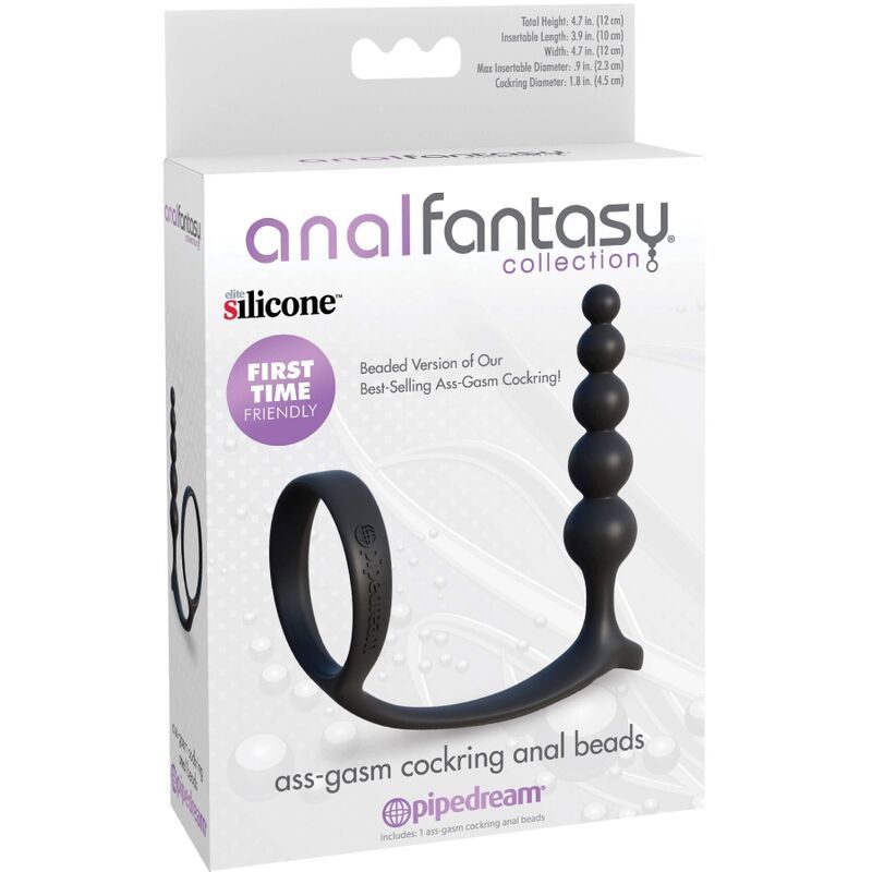 Verpackung von Anal Fantasy Collection. Enthält Analperlen mit Cockring-Design. Text: First Time Friendly.
