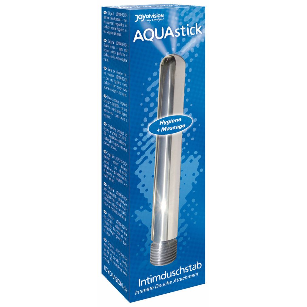 AQUAstick Intimdusche, verpackt. Silberfarbenes Metall, zylindrisch, mit Gewinde. Text: Hygiene + Massage.