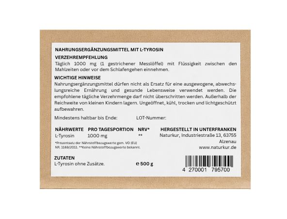 Rückseite einer braunen Papiertüte mit Nährwertangaben und Zutaten für L-Tyrosin.