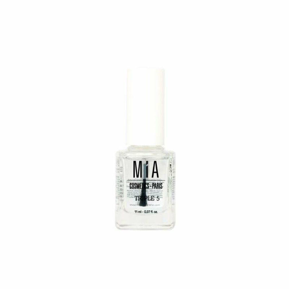 Klare Nagellackflasche mit weißem Deckel. Aufschrift: Mía Cosmetics Paris, Triple 5. Volumen: 11 ml.