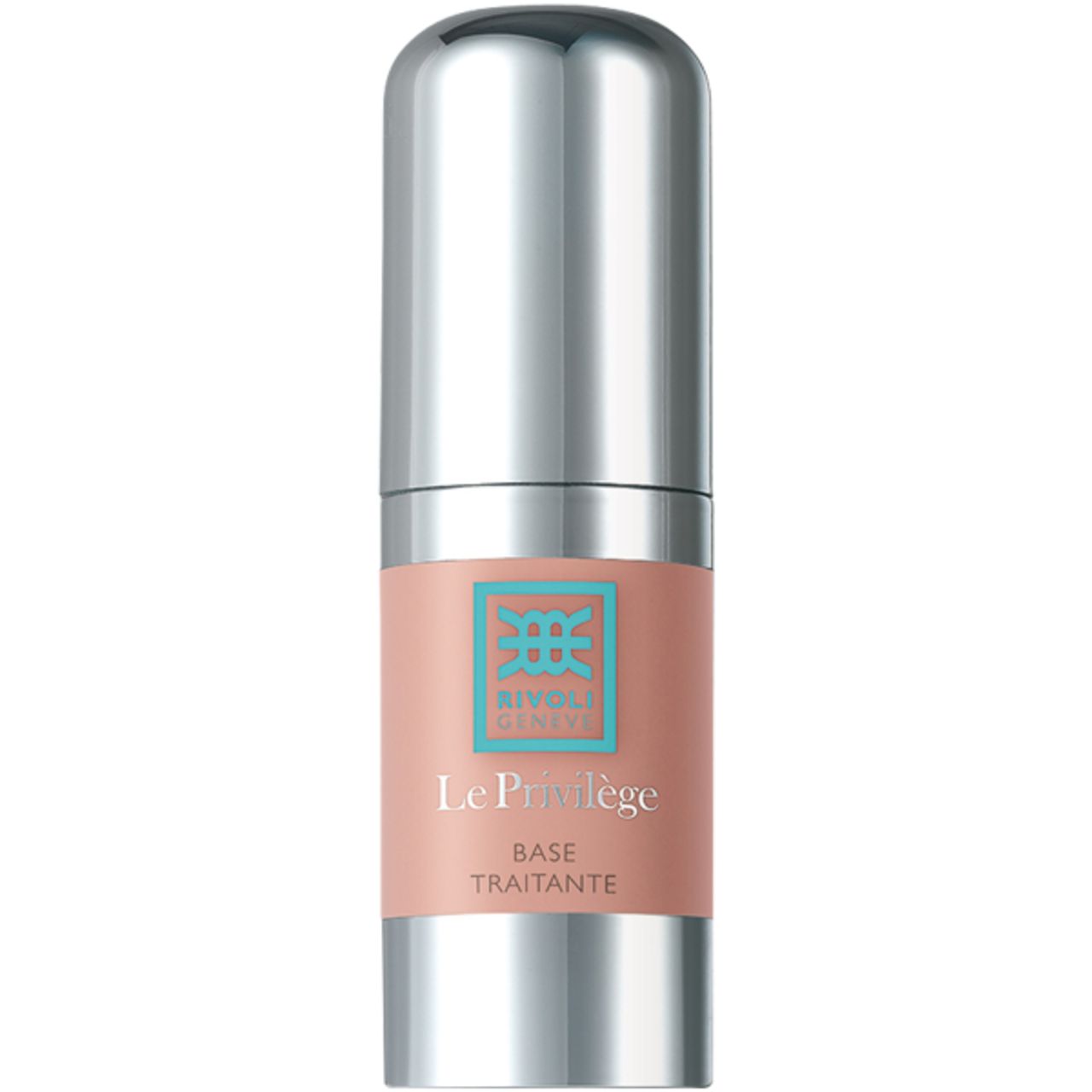 Zylindrische Flasche mit silbernem Deckel. Rosa Etikett mit Logo und Text: Le Privilège Base Traitante.