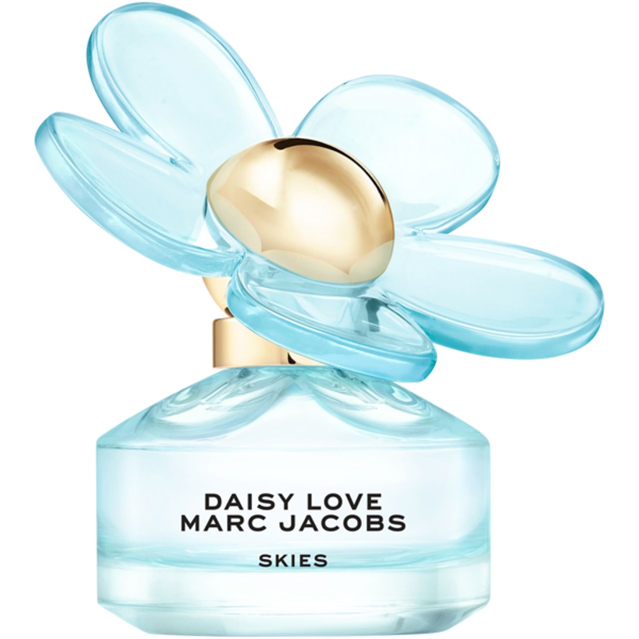Hellblauer Flakon mit blütenförmigem Deckel. Goldfarbener Verschluss. Aufschrift: Daisy Love Marc Jacobs Skies.
