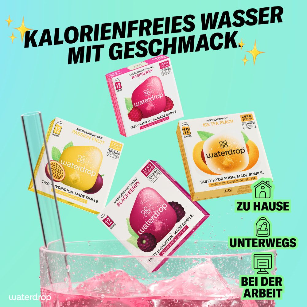 Verschiedene waterdrop® Packungen und ein Glas mit pinkem Getränk. Text: 'Kalorienfreies mit Geschmack'.